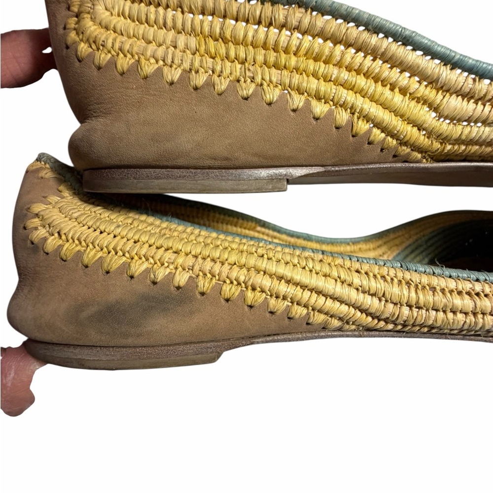 Salvatore Ferragamo tricolor Raffia Green & Tan Bow Ballet Flats Sz 10M - Picture 11 of 16